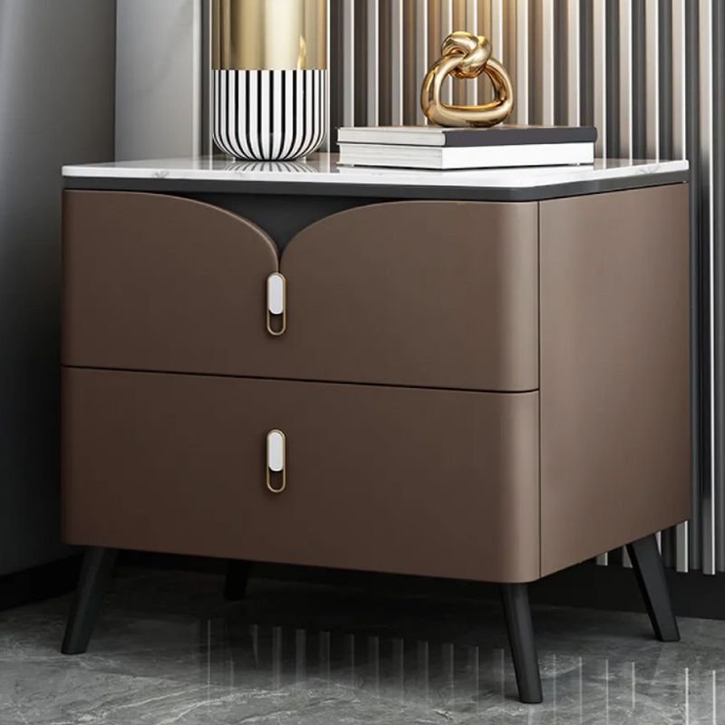 2 Tiers Simple Sintered Stone Nightstand With Drawer Organization, Light Coffee, 16"L x 16"W x 18.5"H