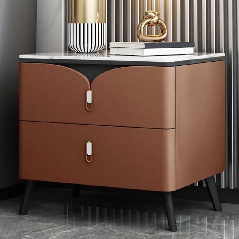 2 Tiers Casual Brown Sintered Stone Nightstand With Drawer Storage, 16"L x 16"W x 18.5"H