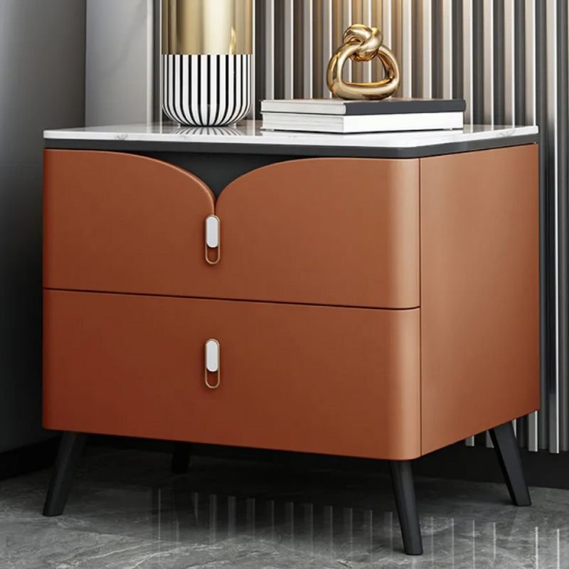2 Tiers Organic Modern Orange Sintered Stone Drawer Storage Bedside Table, 18"L x 16"W x 18.5"H