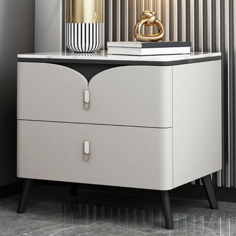 2 Tiers Simplistic Sintered Stone Nightstand With Drawer Storage, Off-White, 20"L x 16"W x 18.5"H