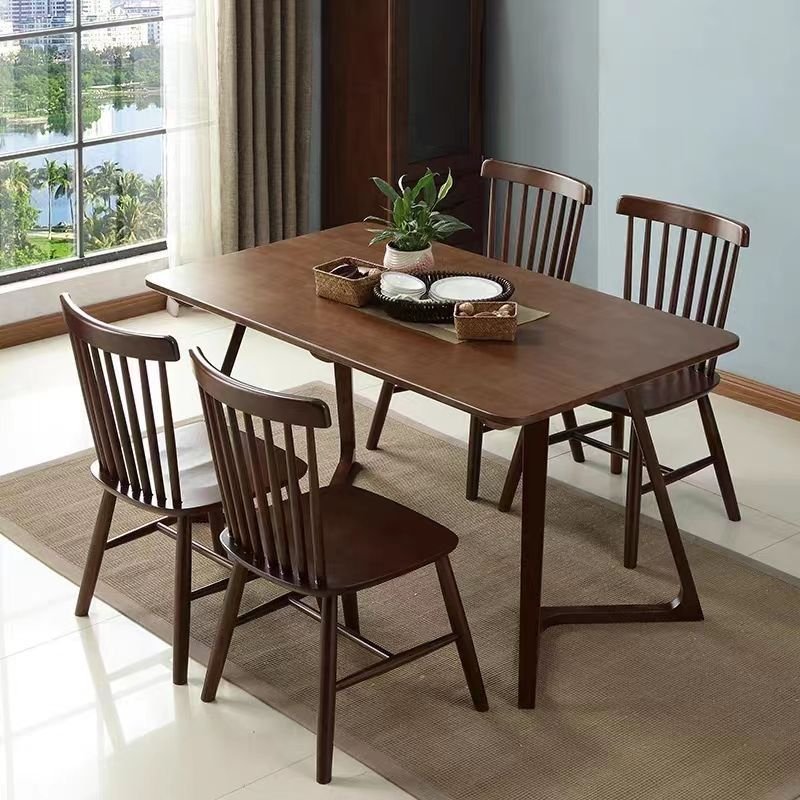 Art Deco Sledging Rubberwood Dining Table Set with Windsor Back Chairs for Seats 4, 47.2"L x 27.6"W x 29.5"H, 5 Piece Set, Walnut, Table & Chair(s)