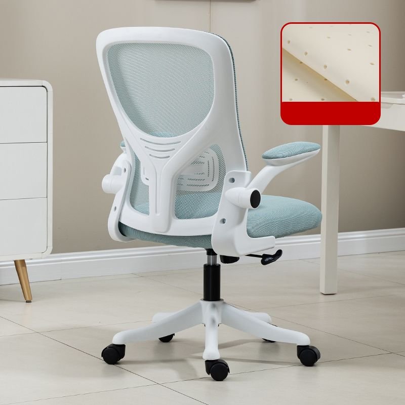 Art Deco Ergonomic Flip-Up Armrest Rotatable Lifting Upholstered Cream Study Chair with Wheels and Arms, White-Blue, Tilt Unavailable, Without Headrest, Latex