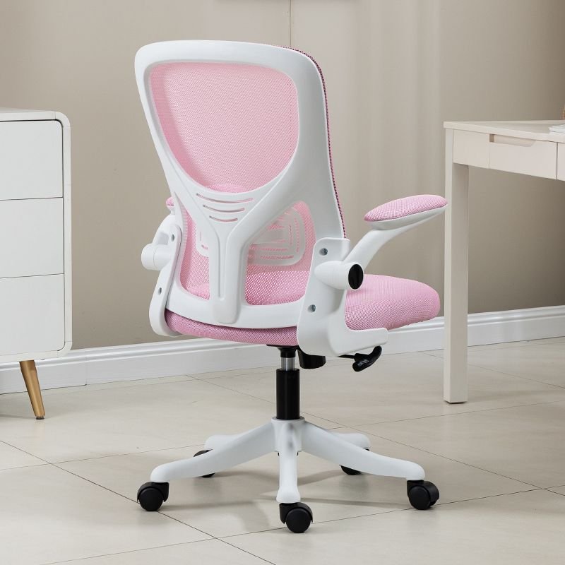 Minimalist Rotatable Tilt Available Ergonomic Flip-Up Armrest Lifting Upholstered Cream Office Chairs with Wheels and Arms, White/ Pink, Without Headrest, Sponge