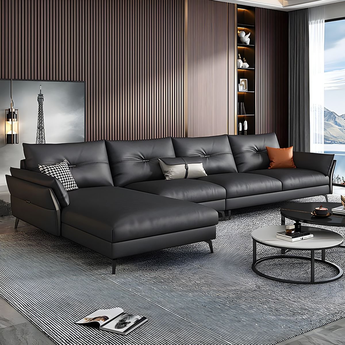 Faux Leather Modern Sectional Sofa with Flared Arm and Water Resistant - Dark Gray 126"L x 67"W x 31.5"H Tech Cloth