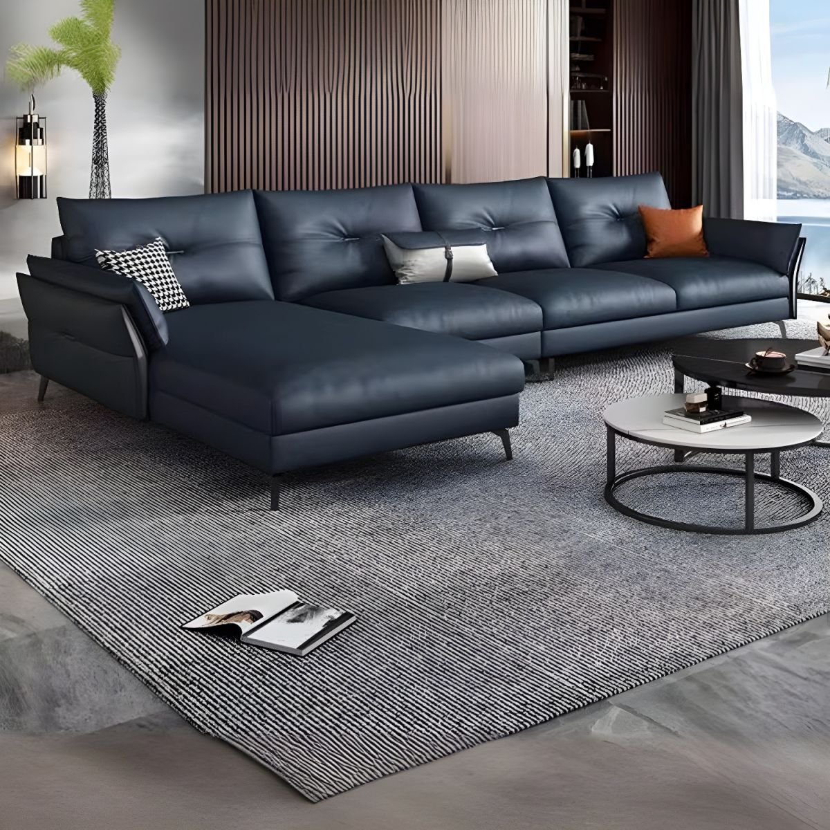 Faux Leather Modern Sectional Sofa with Flared Arm and Water Resistant - Blue 126"L x 67"W x 31.5"H Tech Cloth