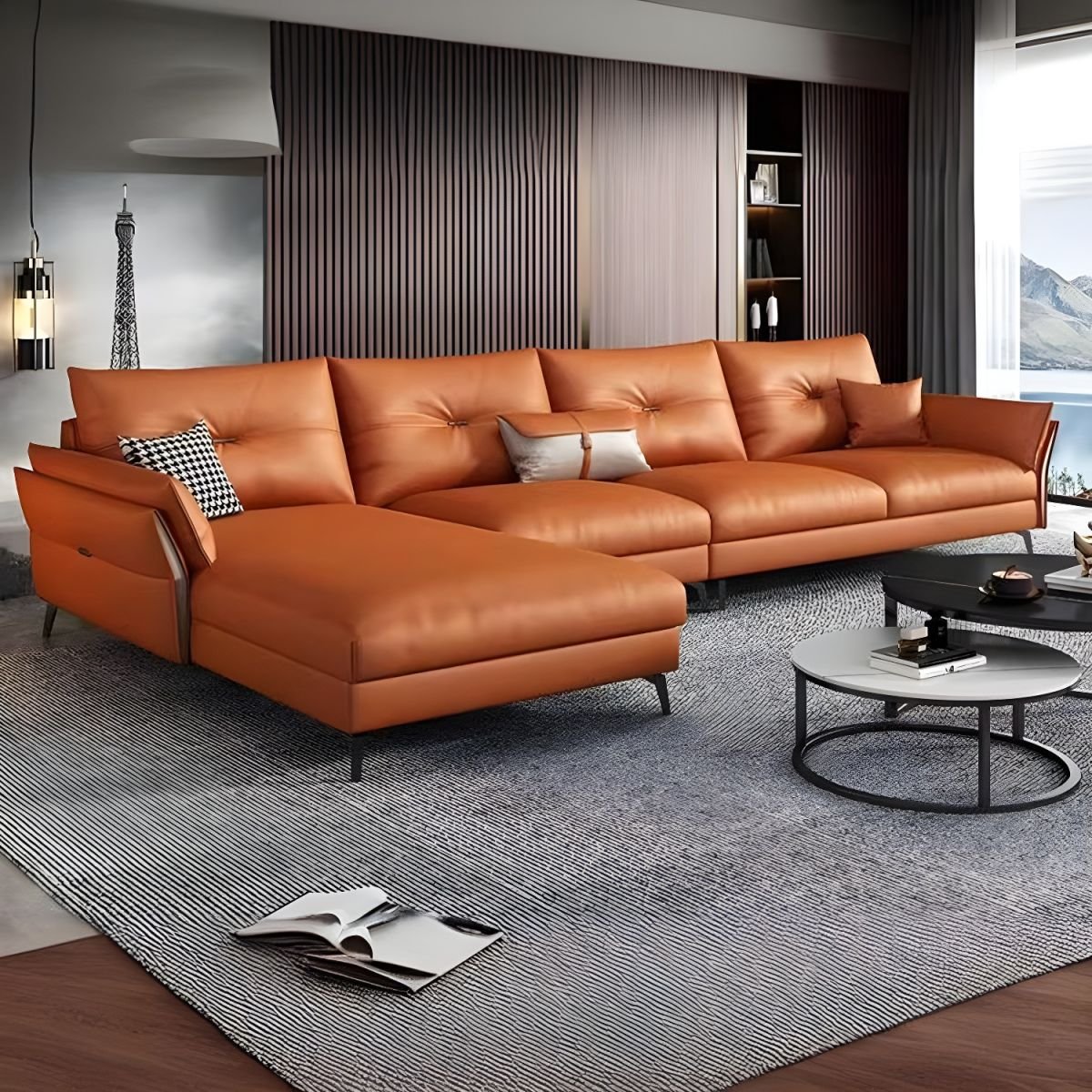 Faux Leather Modern Sectional Sofa with Flared Arm and Water Resistant - Orange 126"L x 67"W x 31.5"H Tech Cloth