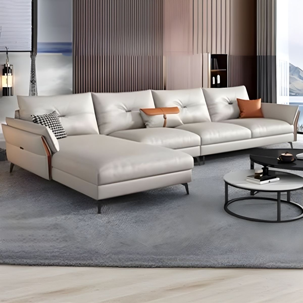 Faux Leather Modern Sectional Sofa with Flared Arm and Water Resistant - Off-White 126"L x 67"W x 31.5"H Tech Cloth