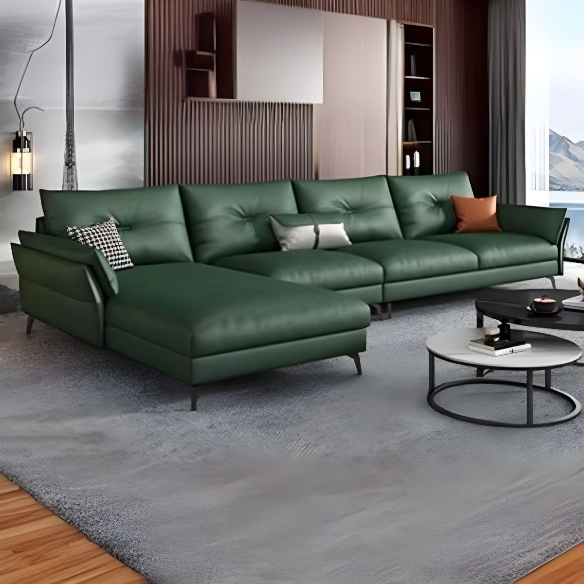 Faux Leather Modern Sectional Sofa with Flared Arm and Water Resistant - Green 126"L x 67"W x 31.5"H Tech Cloth