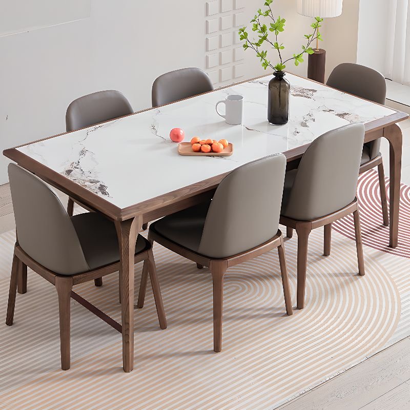 4-Leg White Slate Dining Table Set with Full Back Cushion Chair for 6 People, 7 Piece Set, 70.9"L x 35.4"W x 29.5"H, Table & Chair(s)