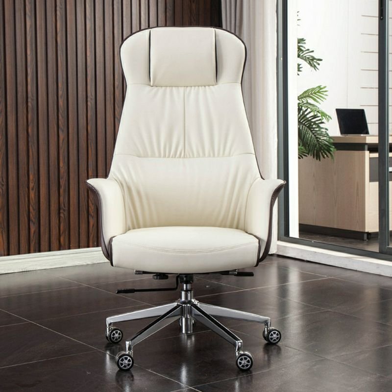 Art Deco Ergonomic Leather Office Chairs in Cream with Arms, Headrest and Tilt Available, Faux Leather