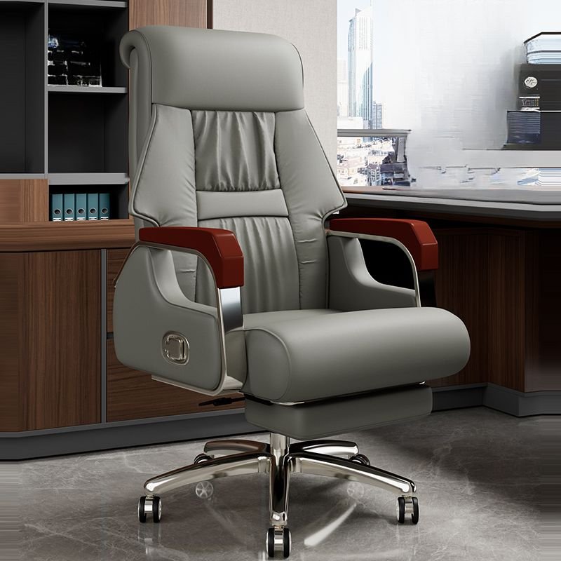 Luxury Grey Executive Chair with Reclining, Waterfall Seat, Fixed Arms, Adjustable Back Angle, and Foot Platform, Grey, Cow Leather