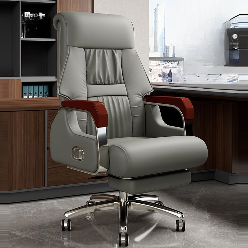 Luxury Grey Executive Chair with Reclining, Waterfall Seat, Fixed Arms, Adjustable Back Angle, and Wheels, Grey, Without Footrest, Cow Leather