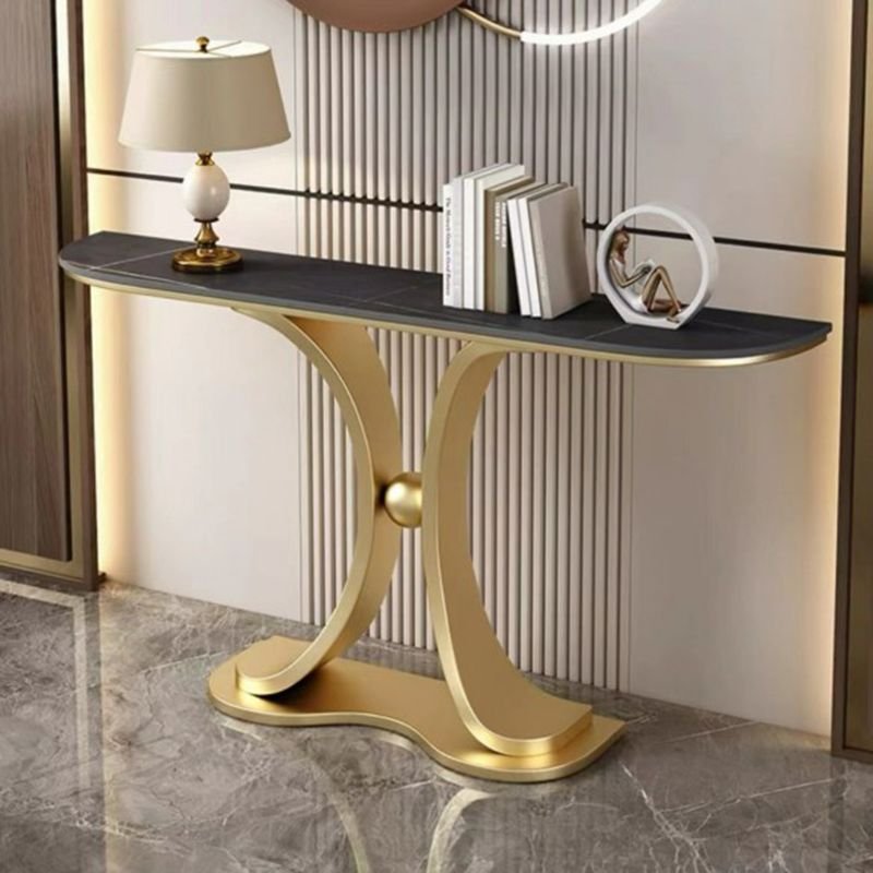 Stylish Half-Circle Stone Foyer Table 1 Piece Set with Aesthetic Base, Scratch Resistant, Black/ Gold, Gold, 39"L x 12"W x 31"H