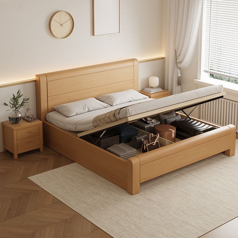 Unfinished Color Beech Wood Panel Bed Solid Color with Compartment, Drawer Not Included, 71"W x 75"L, Storage Included