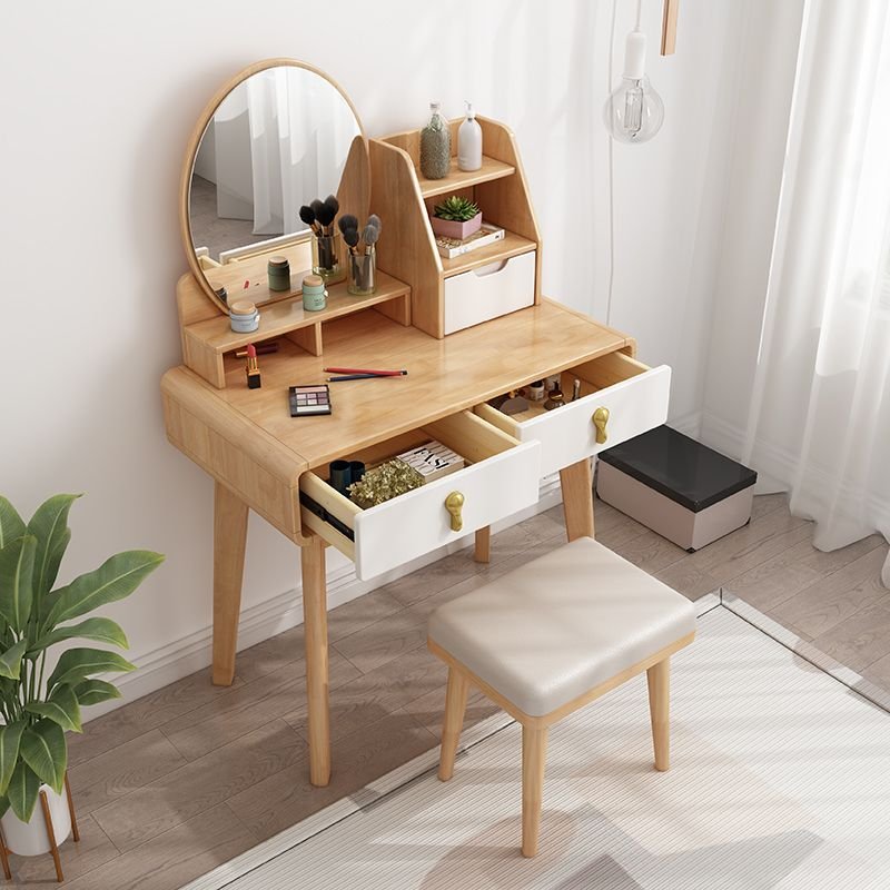 Cocoa Seated Timber Table Top Vanity with Padded Upholstered Chair, 2 Drawers, Standing Mirror, Push-Pull, No Floating for Sleeping Room, Makeup Vanity & Stools, Natural/ White, 27.5"L x 16"W x 53"H