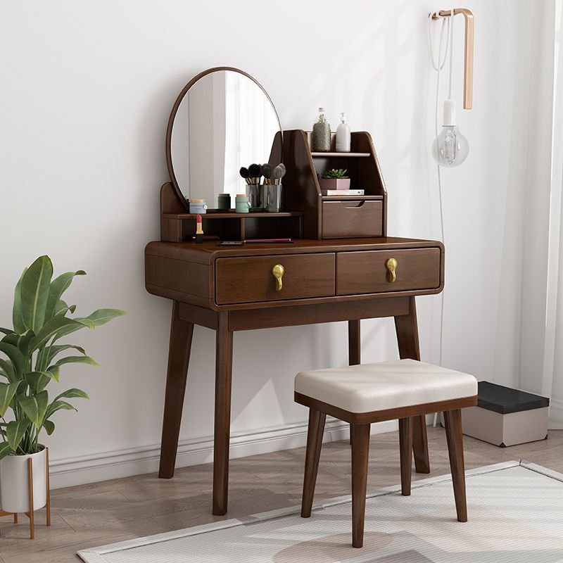 Cocoa Seated Timber Table Top Vanity with Padded Upholstered Chair, 2 Drawers, Standing Mirror, Push-Pull, No Floating for Sleeping Room, Makeup Vanity & Stools, Nut-Brown, 27.5"L x 16"W x 53"H