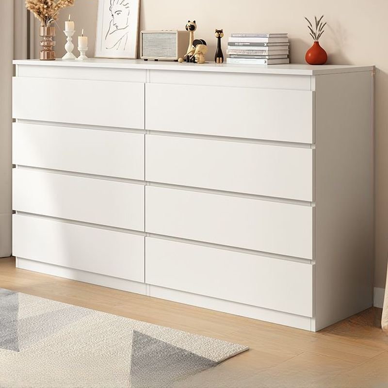 Art Deco Horizontal Double Dresser Lumber White with 8 Drawers for Sleeping Room, 63"L x 15.7"W x 38.6"H