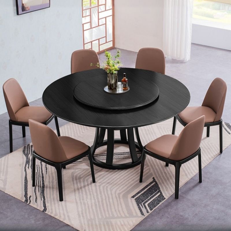 Art Deco Stump Base Ink Orbicular Natural Wood Dining Table Set with a Rotatable Tabletop, Table, 1 Piece, Black, 59.1"L x 59.1"W x 29.5"H