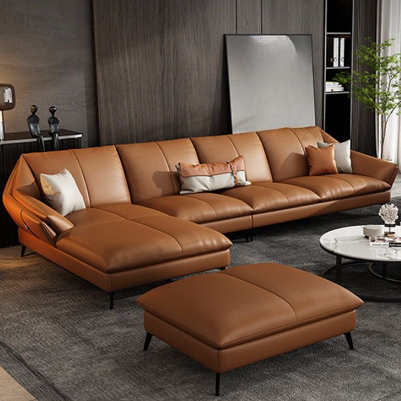 4 Piece Set L-Shape Left Sofa Recliner in Brown with Pine Frame for Living Space, 142"L x 70"W x 33"H+35"L x 28"W x 17"H, Interface Genuine Leather