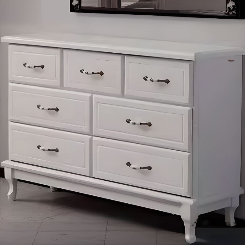 Victorian White Raw Wood Horizontal Console Dresser with 7 Drawers Sleeping Room, 47"L x 14"W x 31"H