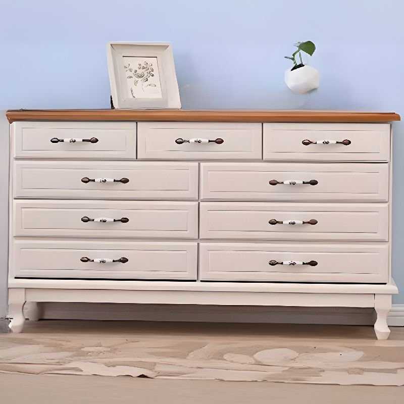 Victorian Raw Wood Horizontal Double Dresser with 9 Drawers Sleeping Quarters, Walnut/ White, 55"L x 14"W x 31"H