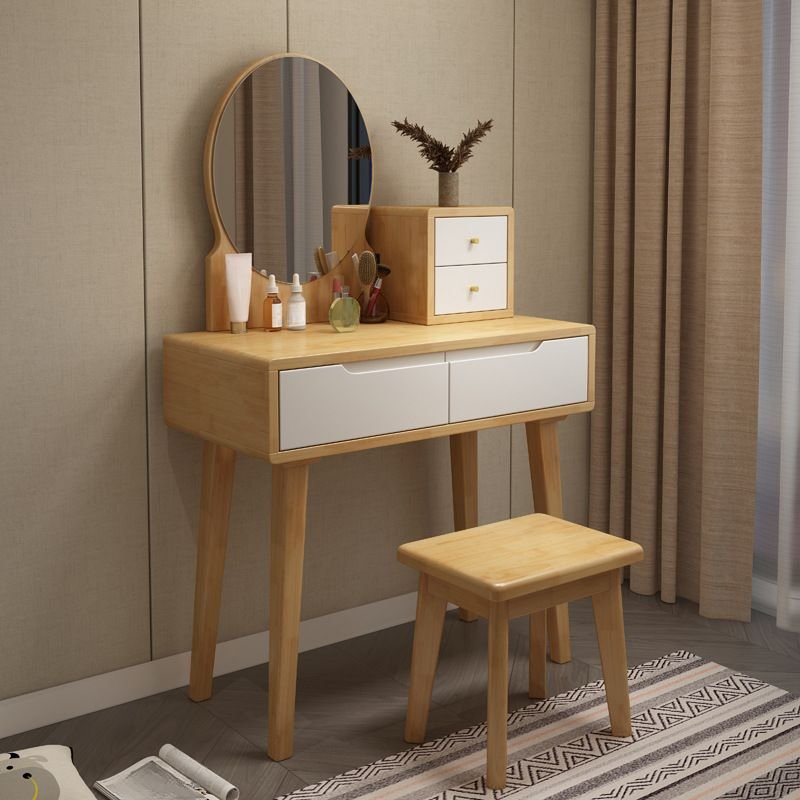Unfinished Color Rubberwood Push-Pull Floor Vanity with Tabletop Storage for Bedroom, No Suspended, Makeup Vanity & Stools, Natural Wood/ White, 31"L x 16"W x 53"H