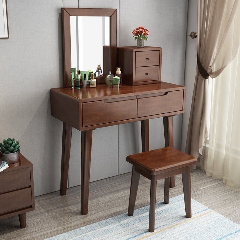 Bedroom Use Natural Wood Push-Pull Floor Vanity with Tabletop Storage, No Suspended, Makeup Vanity & Stools, Walnut, 31.5"L x 16"W x 49"H