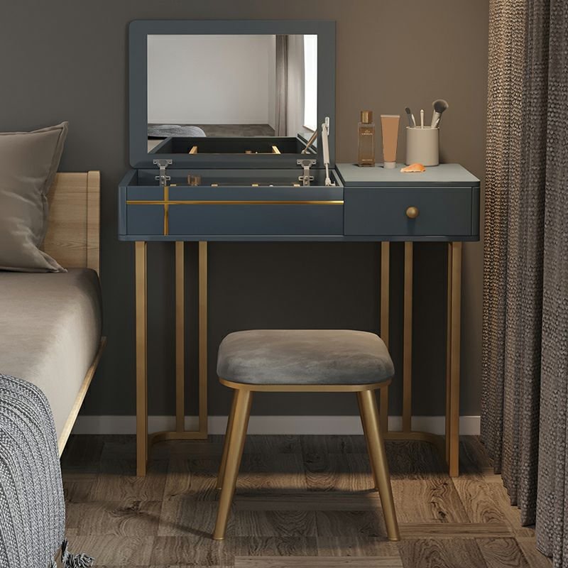Modern Simple Style Small Dressing Table Manufactured Wood with Flip-Top Mirror and Grey Chair, Makeup Vanity & Mirror & Stools, 28"L x 16"W x 30"H