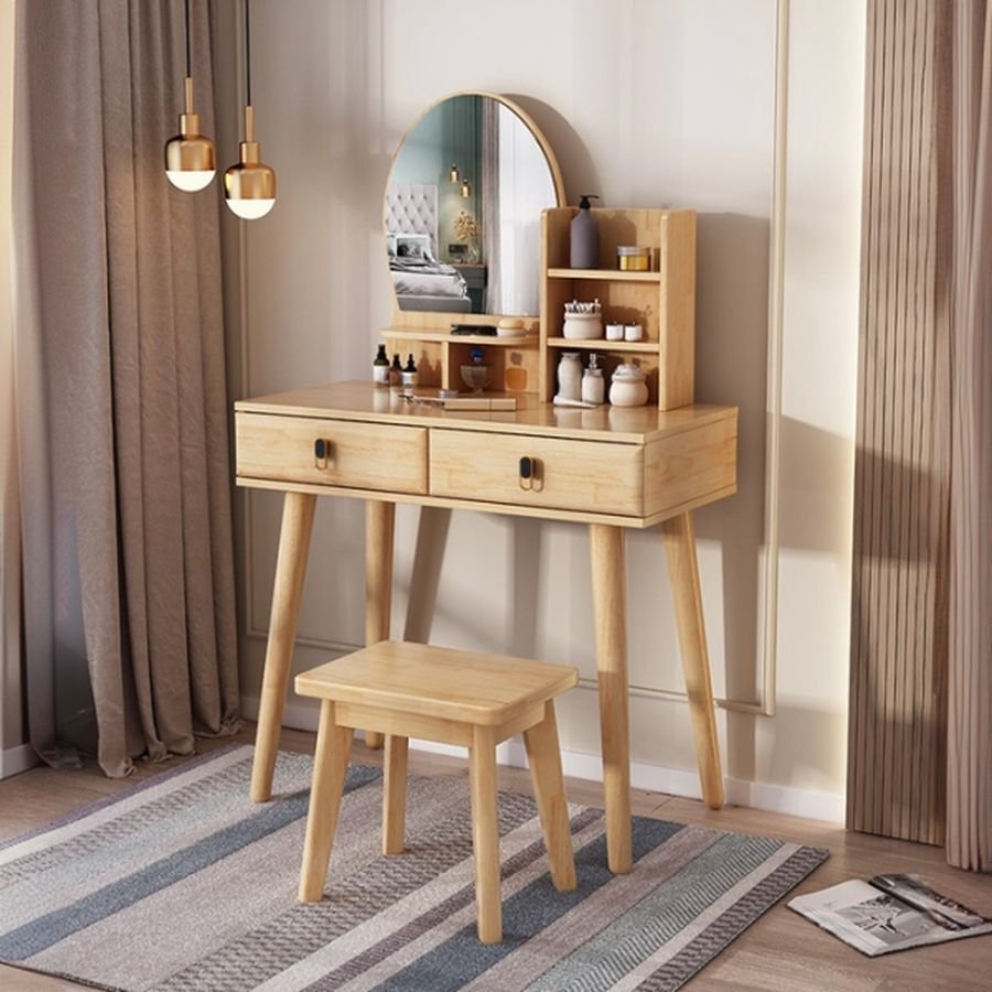 Natural Wood Ground Vanity with Push-Pull Mechanism and No Floating in Bedroom, Natural, Makeup Vanity & Stools
