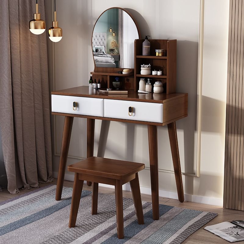 Natural Wood Ground Vanity with Push-Pull Mechanism and No Floating in Bedroom, Walnut/ White, Makeup Vanity & Stools