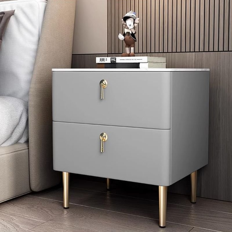 2 Drawers Contemporary Sintered Stone Drawer Storage Bedside Table with Leg, Light Gray, 16"L x 16"W x 20"H