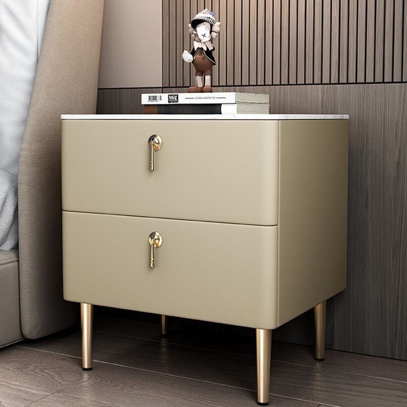 2 Drawers Casual Sintered Stone Drawer Storage Bedside Table with Leg, Beige, 18"L x 16"W x 20"H