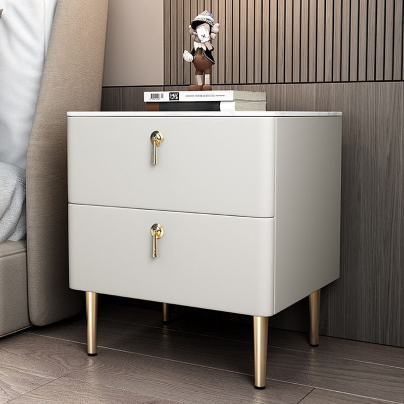 2 Drawers Modern Simple Style Sintered Stone Drawer Storage Bedside Table with Leg, Off-White, 16"L x 16"W x 20"H