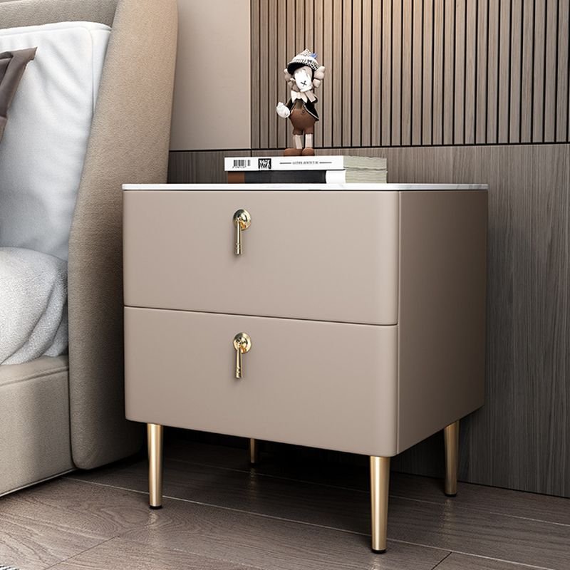 2 Drawers Postmodern Sintered Stone Drawer Storage Bedside Table with Leg, Champagne, 20"L x 16"W x 20"H