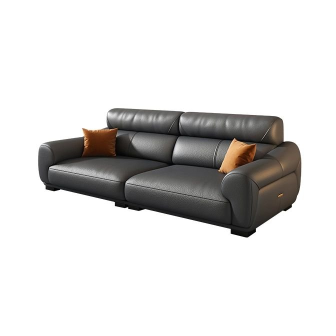 Innovative Modern Black Leather Sofa with Sloped Arms and Cushion Back - Full Grain Cow Leather Latex & Sponge 86.6"L x 35.4"W x 32.3"H Horizontal