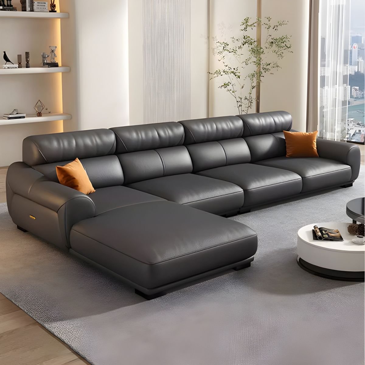 Innovative Modern Black Leather Sofa with Sloped Arms and Cushion Back - Full Grain Cow Leather Sponge 138"L x 70"W x 32"H Left