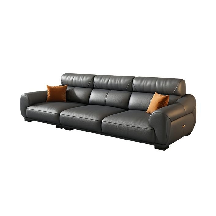 Innovative Modern Black Leather Sofa with Sloped Arms and Cushion Back - Full Grain Cow Leather Latex & Sponge 110.2"L x 35.4"W x 32.3"H Horizontal