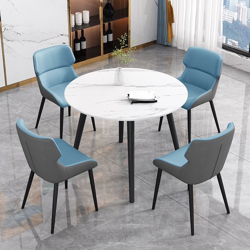 5 Piece Set Orbicular Slate White Fixed Table Top Dining Table Set with Upholstered Back Padded Chair, Table & Chair(s), Light Blue/ Dark Gray