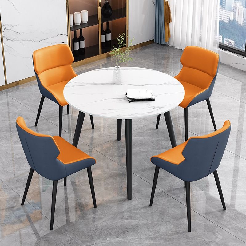 5 Piece Set Circular-shaped Slate Chalk Fixed Top Dining Table Set with Upholstered Back Padded Chair, Table & Chair(s), Blue-Orange