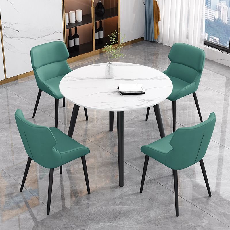 5 Piece Set Circular Slate Chalk Fixed Top Dining Table Set with Upholstered Back Padded Chair, Table & Chair(s), Green