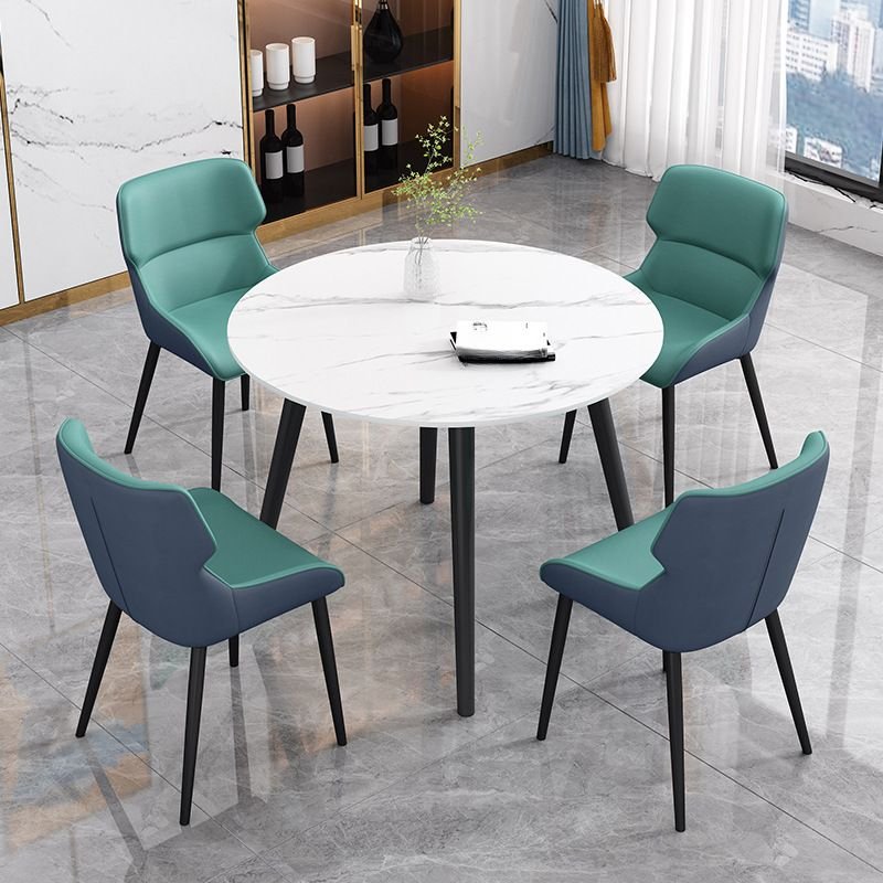 5 Piece Set Orbicular Slate White Fixed Table Top Dining Table Set with Upholstered Back Padded Chair, Table & Chair(s), Blue-Green