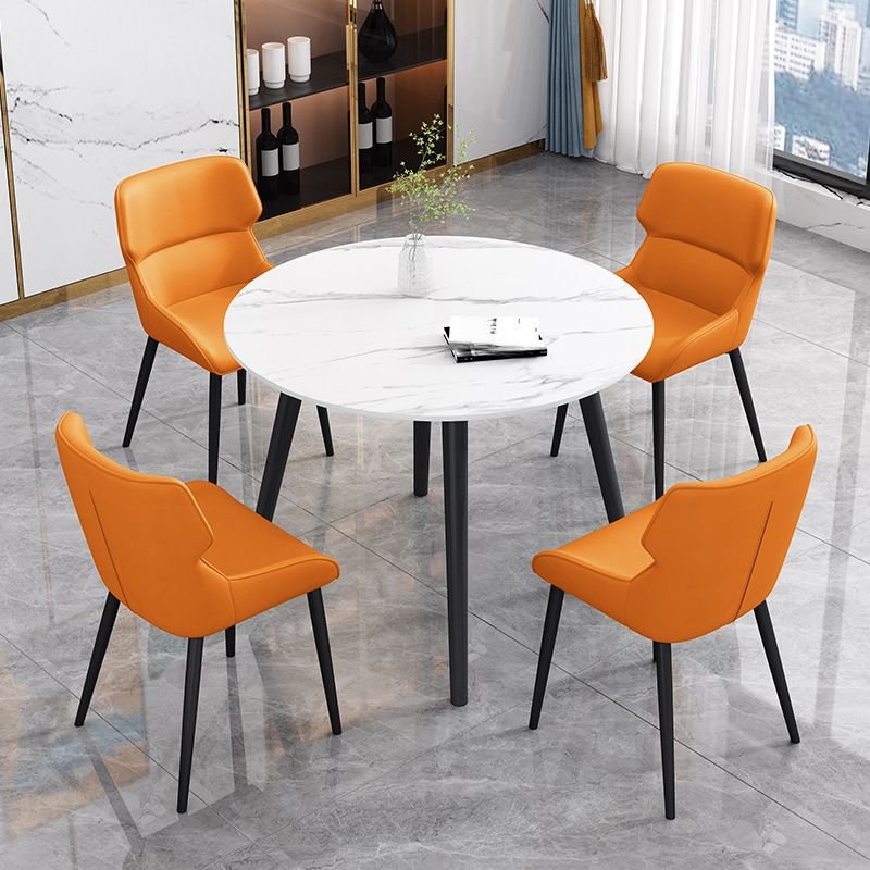 5 Piece Set Orbicular Slate White Fixed Table Top Dining Table Set with Upholstered Back Padded Chair, Table & Chair(s), Orange