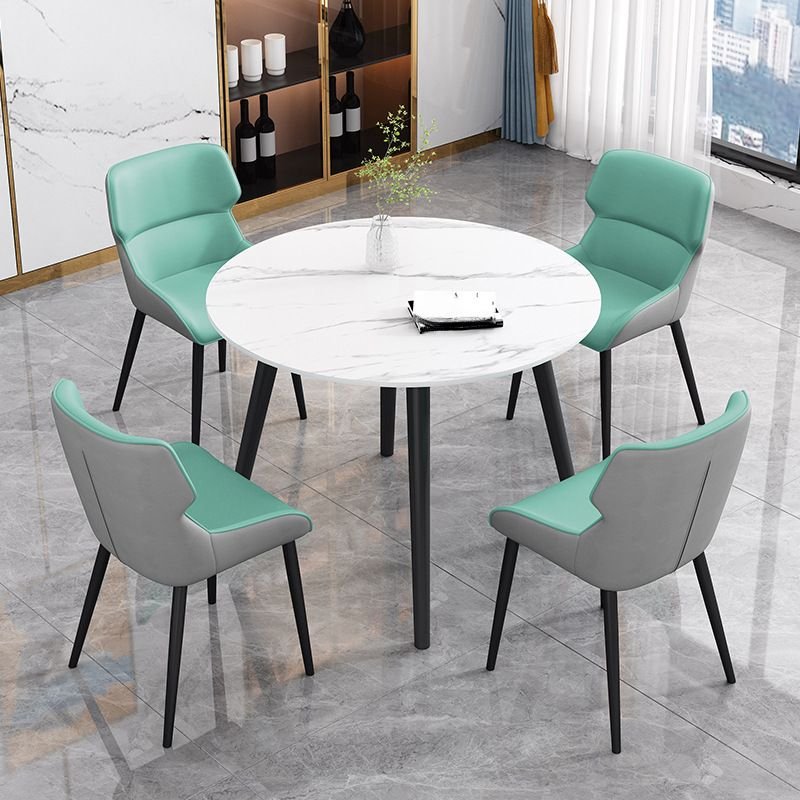 5 Piece Set Circular-shaped Slate Chalk Fixed Top Dining Table Set with Upholstered Back Padded Chair, Table & Chair(s), Green/ Light Gray