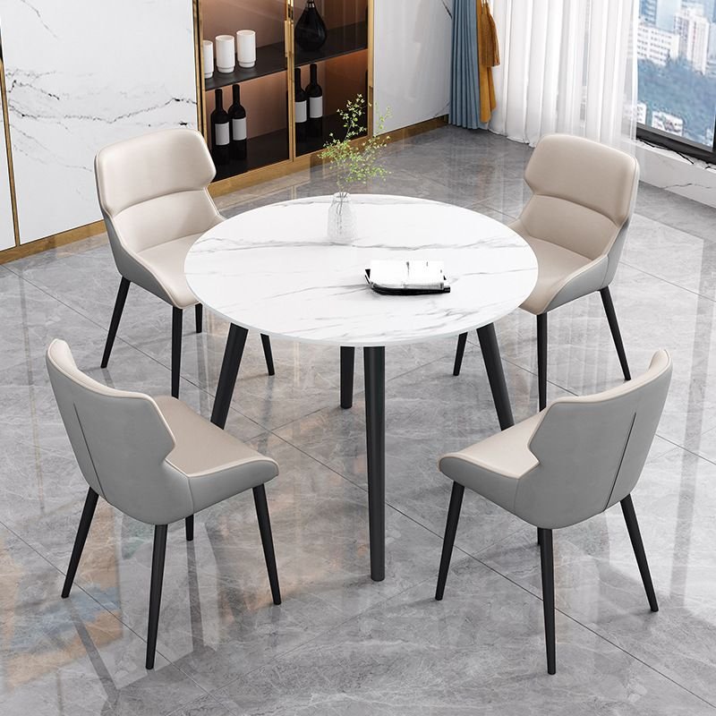 5 Piece Set Circular Slate Chalk Fixed Top Dining Table Set with Upholstered Back Padded Chair, Table & Chair(s), Light Gray/ Beige