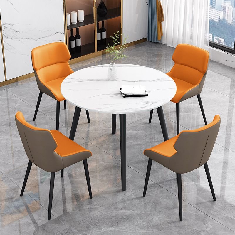 5 Piece Set Orbicular Slate White Fixed Table Top Dining Table Set with Upholstered Back Padded Chair, Table & Chair(s), Brown/ Orange