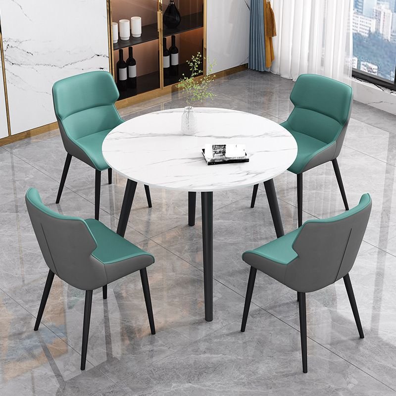 5 Piece Set Circular-shaped Slate Chalk Fixed Top Dining Table Set with Upholstered Back Padded Chair, Table & Chair(s), Dark Gray/ Green
