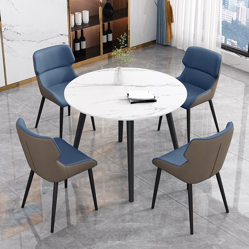 5 Piece Set Circular Slate Chalk Fixed Top Dining Table Set with Upholstered Back Padded Chair, Table & Chair(s), Dark Blue/ Brown