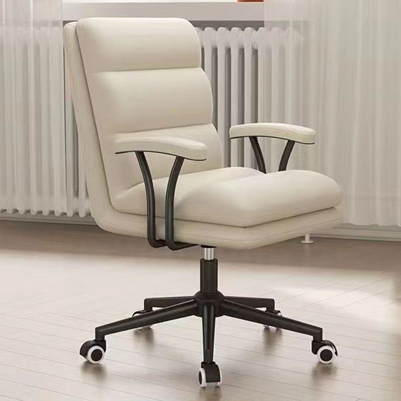 Minimalist Lifting Swivel Beige Calfskin Task Chair with Roller Wheels and Armrest, Off-White, Black, Latex