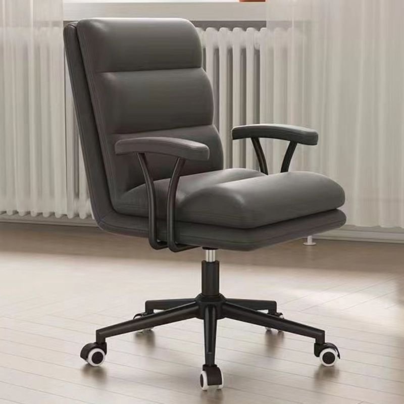 Minimalist Lifting Swivel Grey Calfskin Studio Chairs with Caster Wheels and Armrest, Dark Gray, Black, Latex