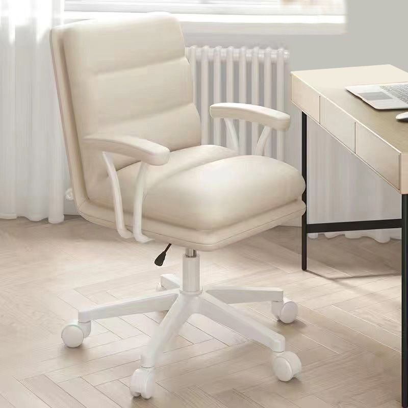 Art Deco Lifting Swivel Sand Tanned Hide Studio Chairs with Caster Wheels and Armrest, Off-White, White, Latex